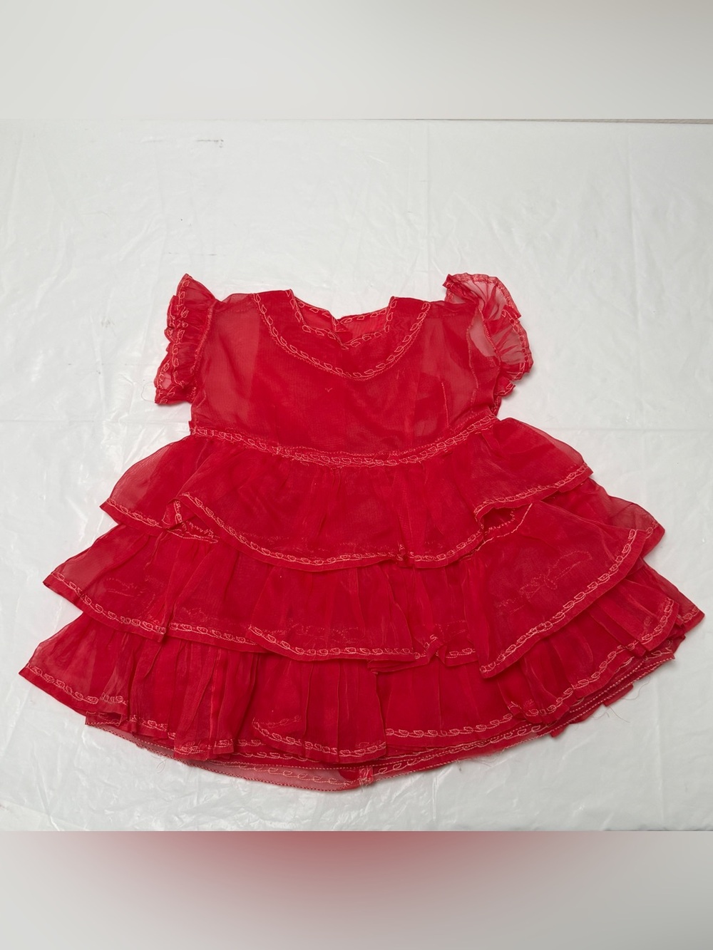 Vintage Handmade Baby Girls Red Tiered Ruffle Dress Tulle White Stitching

There